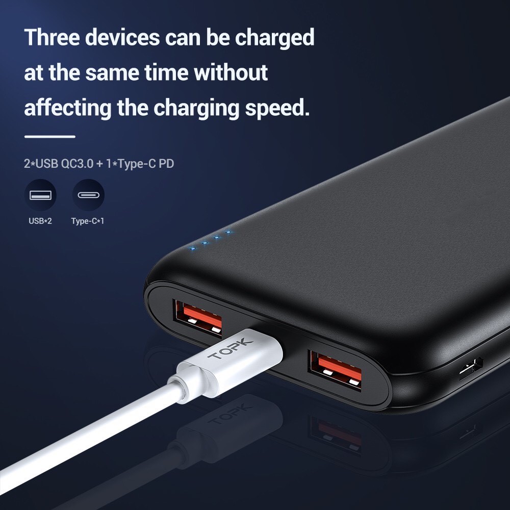 Sạc dự phòng TOPK hai cổng USB Công nghệ sạc nhanh Quick Charge 3.0 - Có cổng sạc Charger PD - Chính Hãng