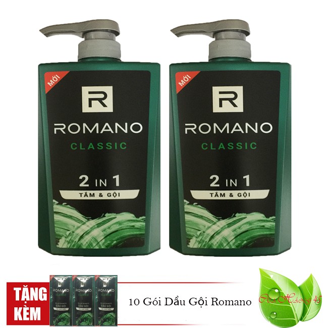 Romano: Bộ 2 Chai Tắm Gội 2in1 Classic (650ml*2=1300ml)-Tặng 10 gói dầu gội