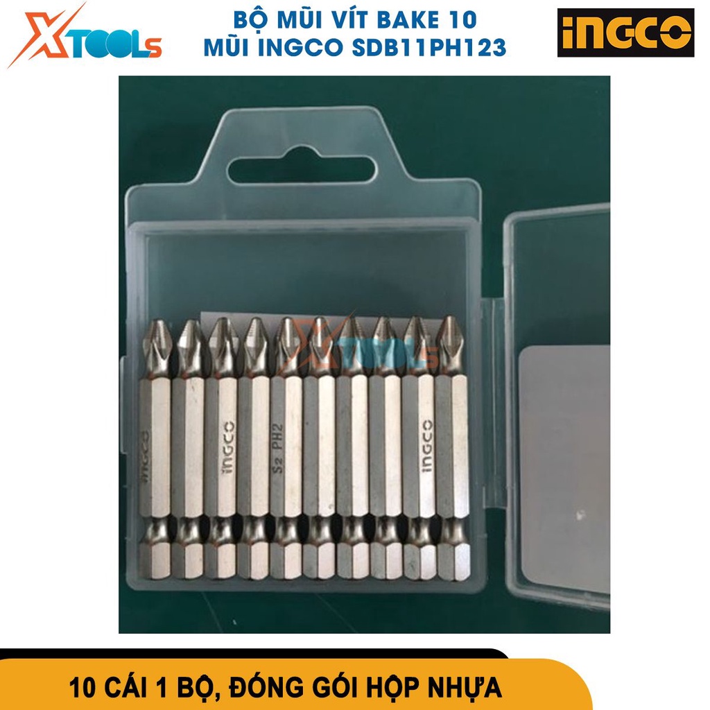 Bộ 10 đầu bắn vít bake INGCO PH1/2/3x50mm Ingco thép công nghiệp mạ niken, mũi vít bake nhiều size [CHÍNH HÃNG][XTOOLS]