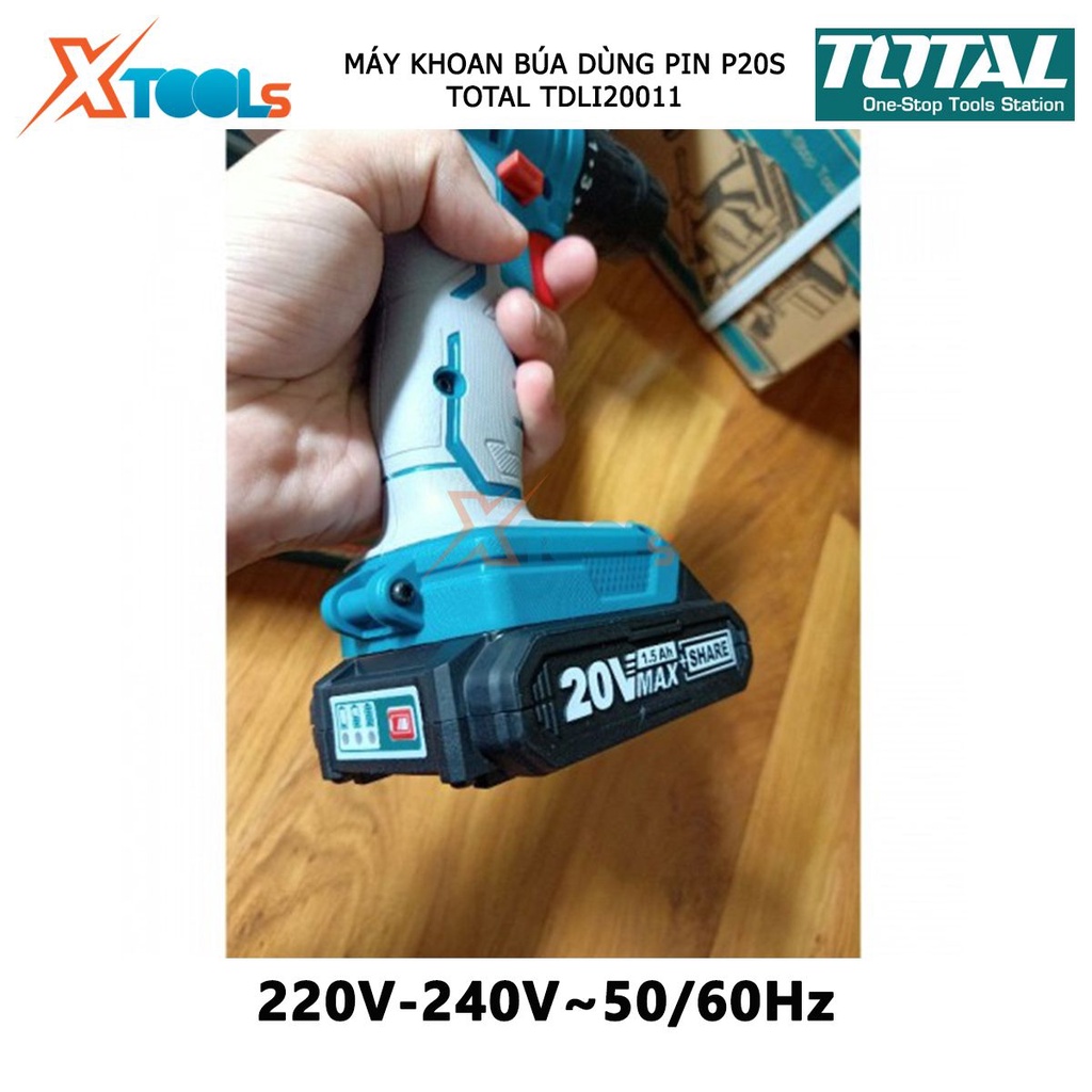 Máy khoan pin cầm tay 20V Total TDLI20011 hai tốc độ 400/1500v/p, siết 45nm, khả năng khoan 10mm, kèm theo 1 pin sạc, đầ