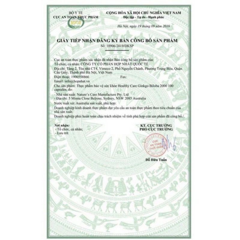 Viên uống bổ não Úc Healthy Care Ginko Biloba 2000 100 Viên