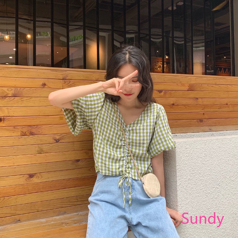 Áo Croptop Cổ Chữ V Kẻ Sọc Caro Phối Dây Rút Phong Cách Hàn Quốc Cho Nữ