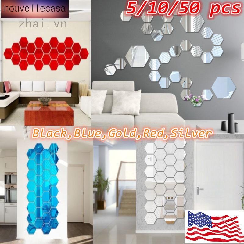 Gương dán tường 3D hình lục giác đơn giản , hiệu ứng gương
