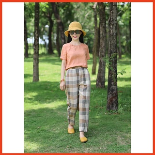 Set Đồ Linen Nữ Áo Cổ Tàu Đính Cúc, Quần Dài Ống Suông Chất Liệu Voan Mắc Thoáng Mát