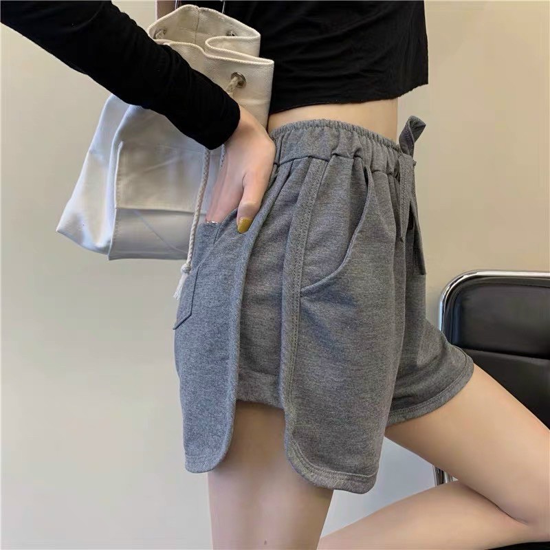 Quần đùi nữ da cá cạp chun ống rộng chất cotton thoáng mát có dây rút basic trơn mặc Thái Lan, quan short/sooc nu