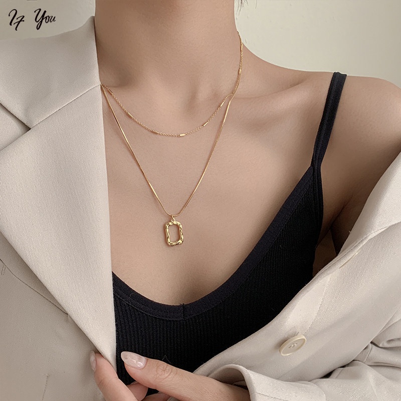 Vòng cổ AY nhiều lớp mặt dây hình vuông rỗng màu vàng/bạc phong cách Hàn Quốc thời trang cho nữ