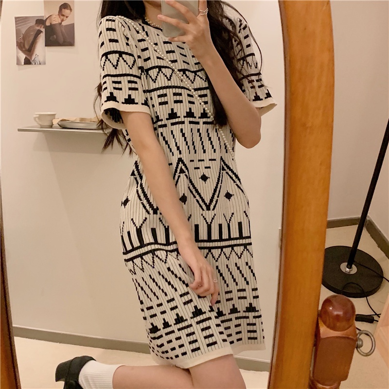 Đầm Dệt Kim Tay Ngắn Cổ Tròn Thời Trang Mùa Hè Phong Cách Vintage Cho Nữ