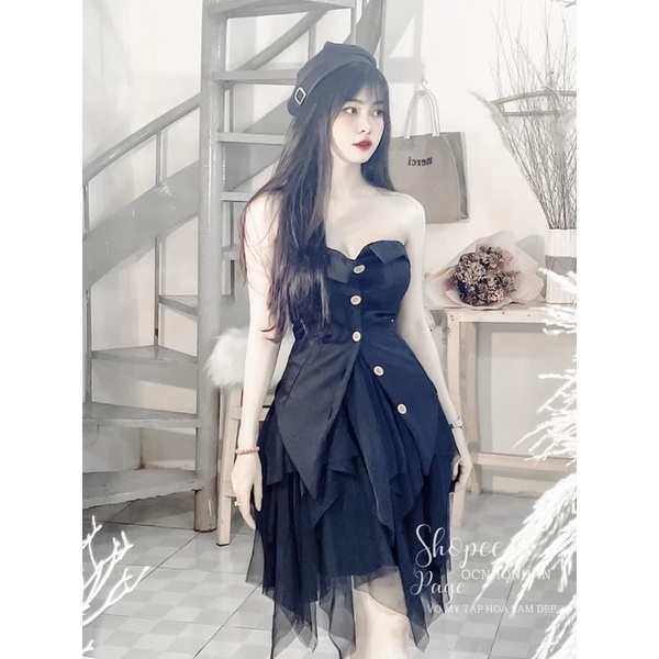 Set áo ống cúp ngực nhún thun sau và chân váy lưới nhọn alohashop91