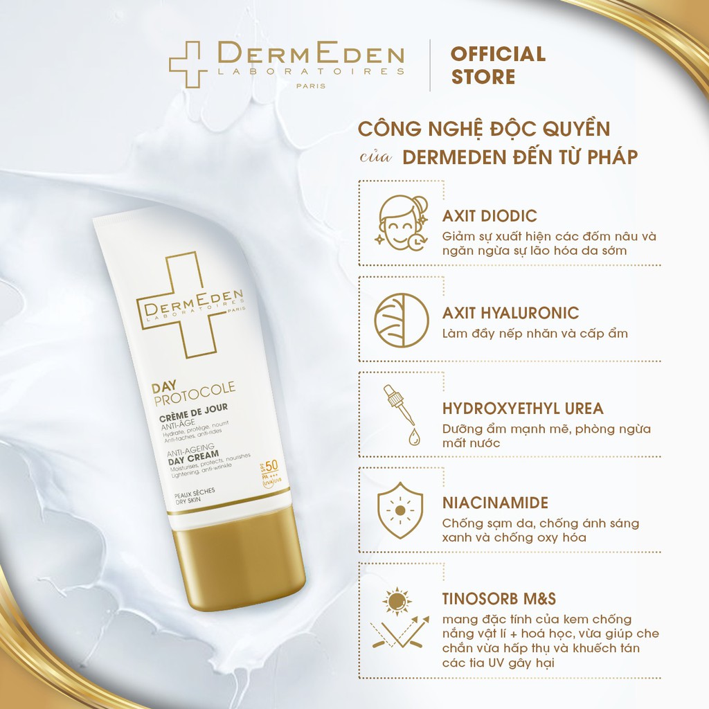 [DATE04/22] Kem dưỡng da ban ngày da khô DERMEDEN 3 trong 1 chống nắng,giảm nám tàn nhang, dưỡng ẩm SPF50 PA ++++ 50ml