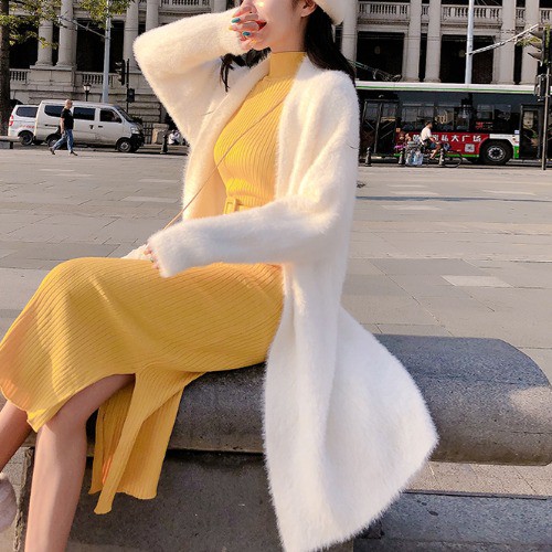 Set Đầm Xẻ Tà Và Áo Khoác Len Thời Trang Dành Cho Nữ