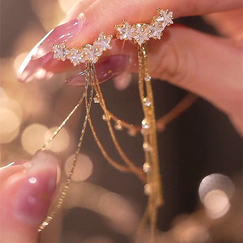 Bông Tai Mạ Bạc 925 Dáng Dài Đính Đá Zircon Phong Cách Hàn Quốc