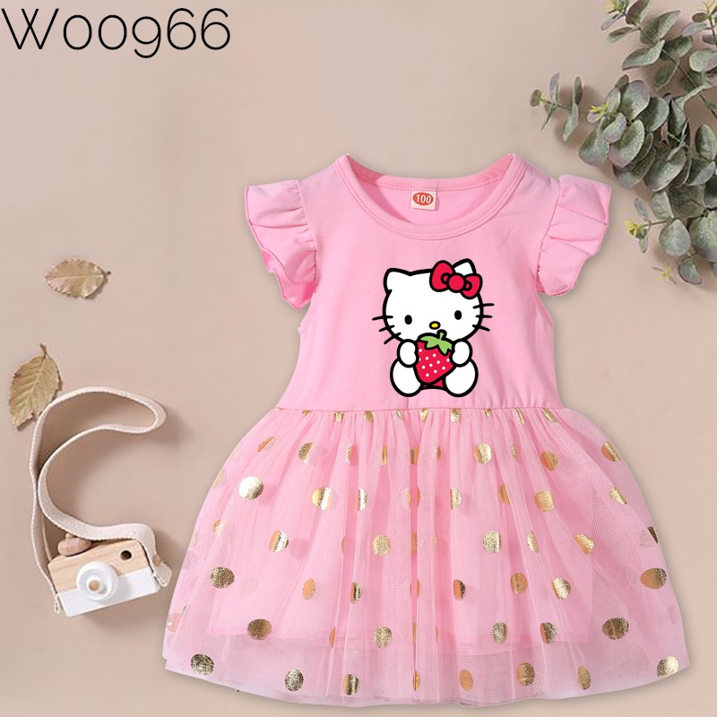 Đầm Công Chúa Màu Hồng In Họa Tiết hello kitty Dễ Thương Cho Bé Gái