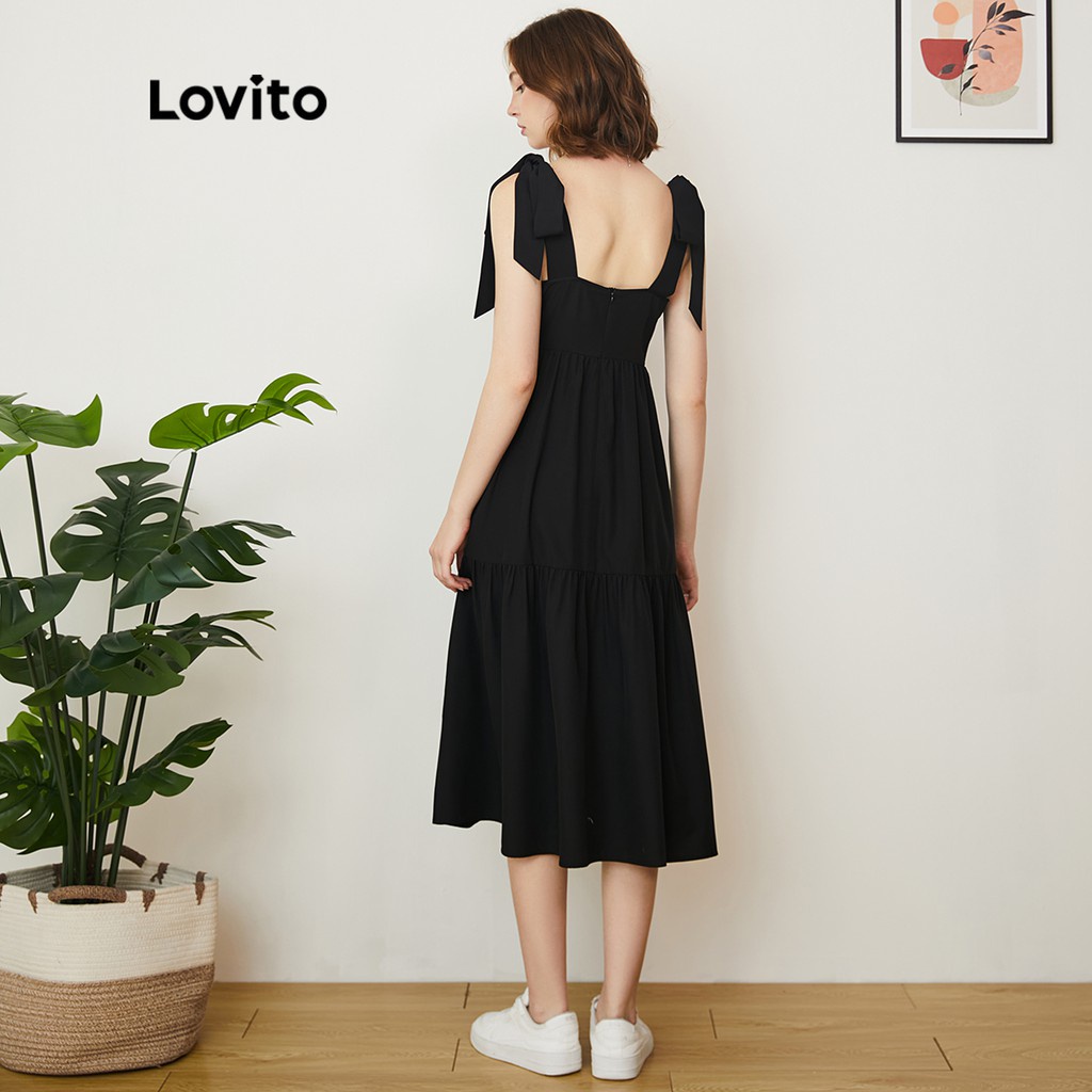 Lovito váy đầm xòe trơn đơn giản Thiếu dây đai có thể điều chỉnh L24AE020 (Đen)