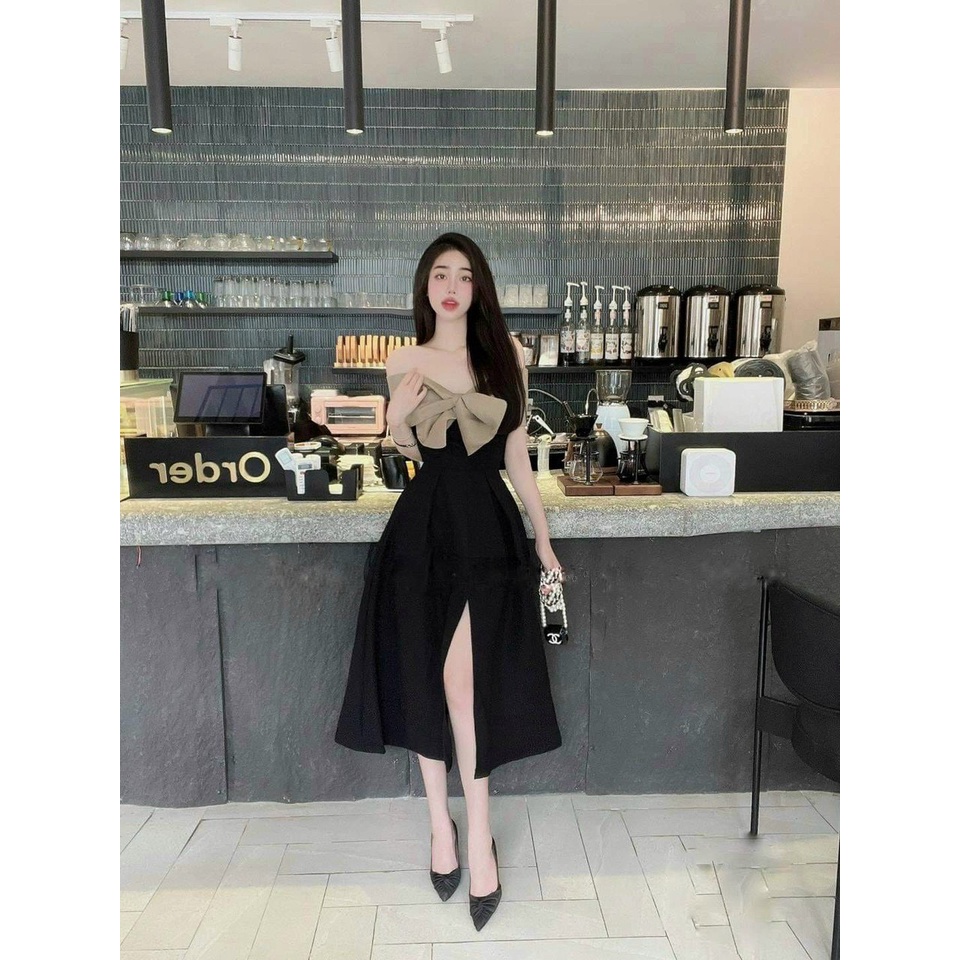 Đầm Xòe Trễ Vai Nơ Ngực Có Mút