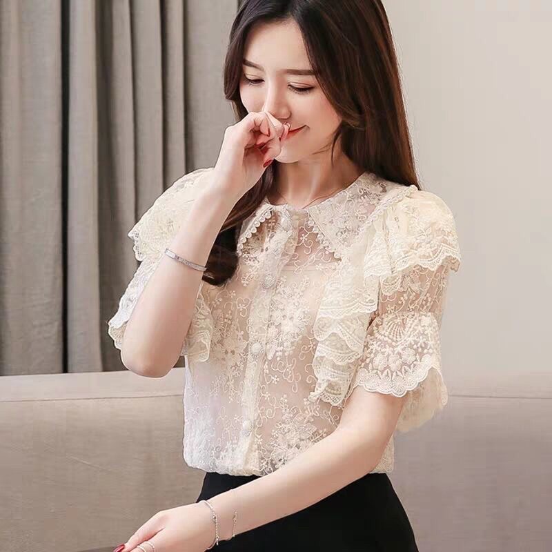 Áo Sơ mi nữ ngắn tay viền ren kiểu dáng hàn quốc mã QD06