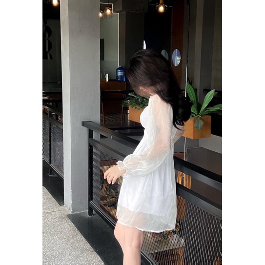 Váy Voan Xòe Cổ Vuông Tay Phồng Phong Cách Tiểu Thư Nữ Tính