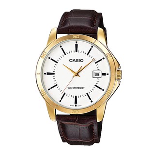 Đồng hồ Casio nam dây da thể thao, mặt trắng viền vàng sang trọng, chống nước WR30M đi mưa rửa tay