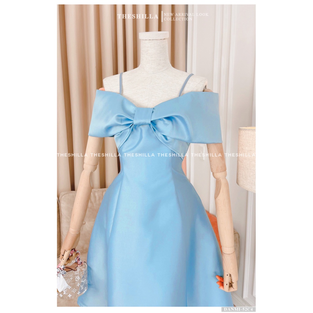 Váy thiết kế cao cấp màu xanh trể vai nơ có dây form xòe sang trọng  [ Có video + Ảnh thật ] The Shilla - Danmi-52C4