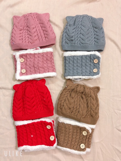 Set khăn + mũ len tai mèo lót lông cho bé