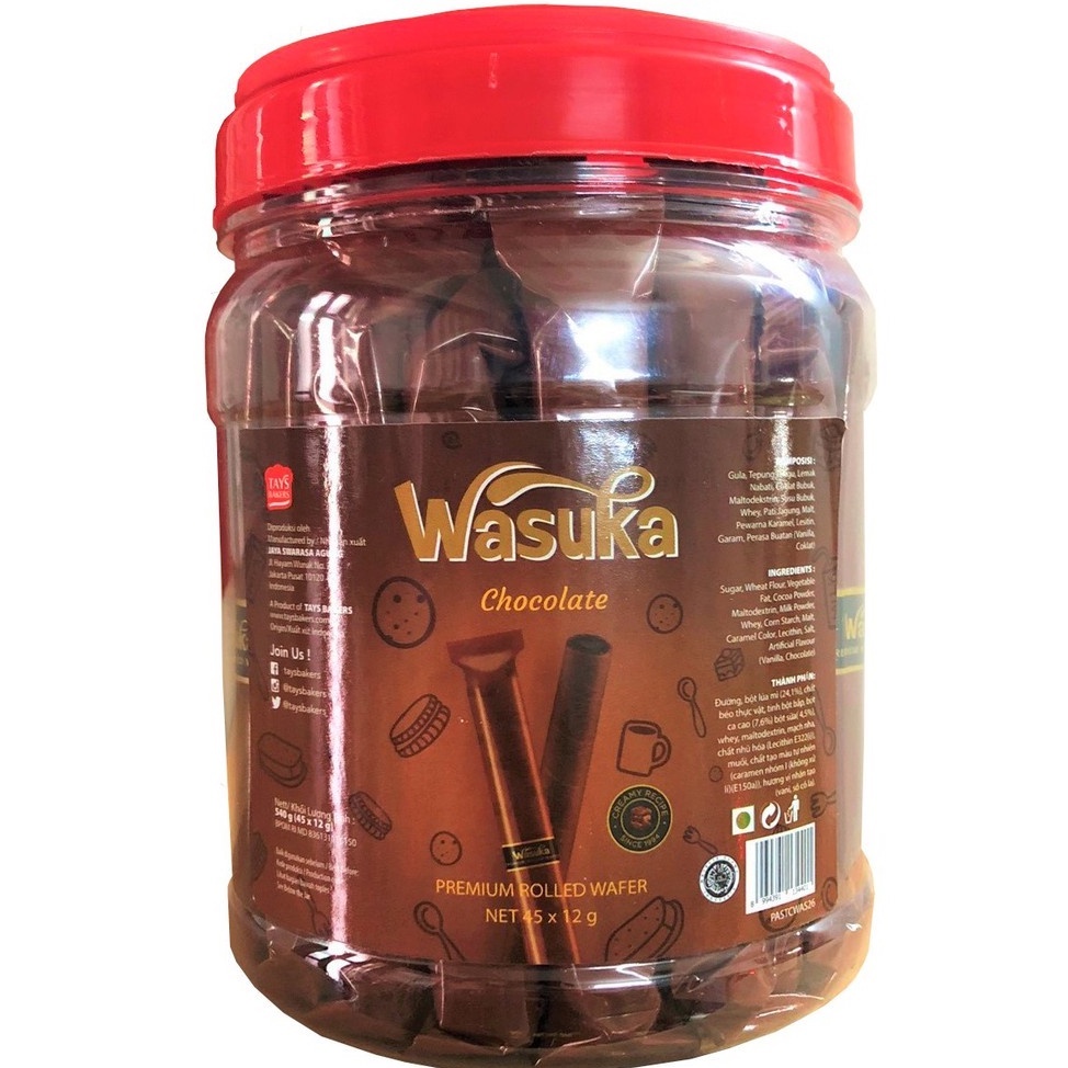 Bánh Quế Wasuka Premium Rolled Wafer Vị Chocolate (Hủ 45 cây x 12g)