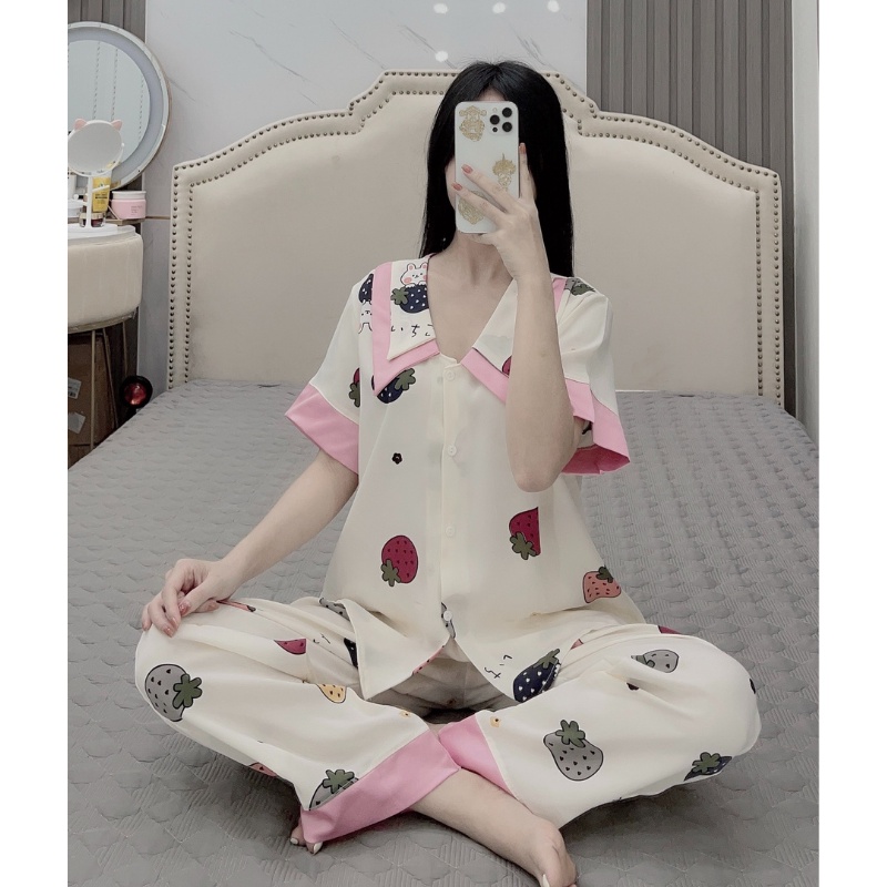 Đồ bộ pijama mặc nhà, đồ bộ nữ cộc tay quần dài chất lụa satin mềm mại, họa tiết xinh xắn | BigBuy360 - bigbuy360.vn