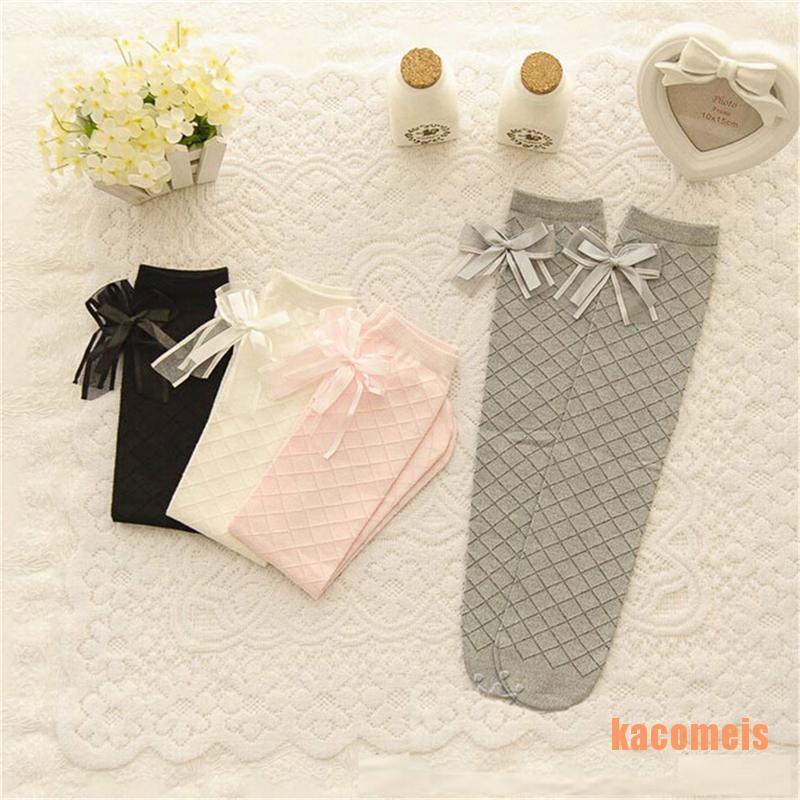 Vớ Cotton Cao Đến Đầu Gối Kẻ Ô Lưới Đính Nơ Cổ Điển Dành Cho Bé Gái Sinh Viên Đi Học