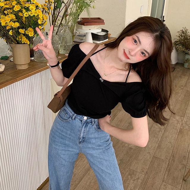 Áo thun COZOK ngắn tay kiểu cổ yếm xinh xắn phong cách Hàn Quốc