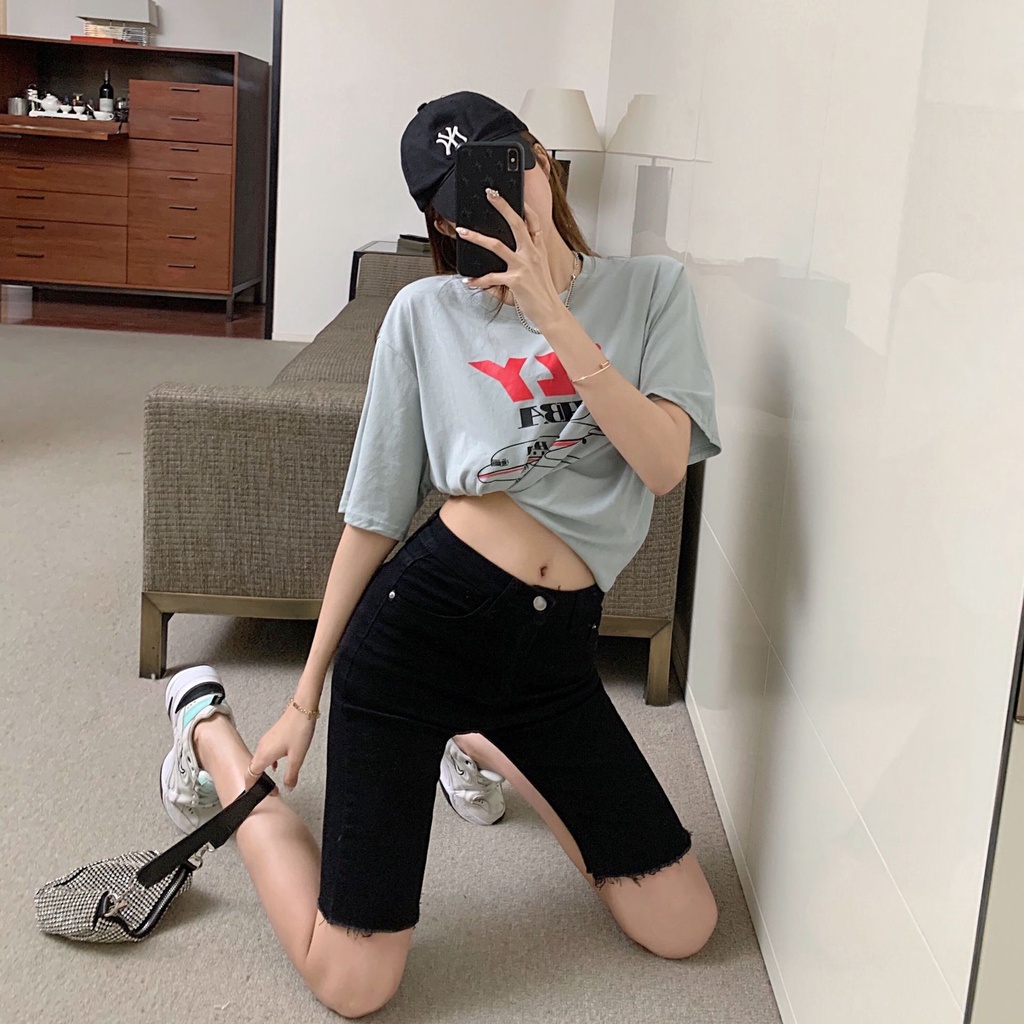 Quần ngố jean bigsize tua lai ôm body chất vải jean thun co dãn mạnh màu đen QJ008