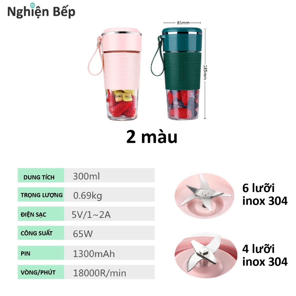 Cốc máy xay sinh tố cầm tay mini nhỏ gọn siêu tiện lợi - CHÍNH HÃNG NGHIỆN BẾP K10 tích hợp pin sạc usb 300ml