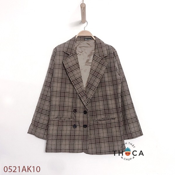 Vest nữ blazer túi mổ nút caro nâu THOCA HOUSE chuẩn form vải cao cấp, hàng may thiết kế