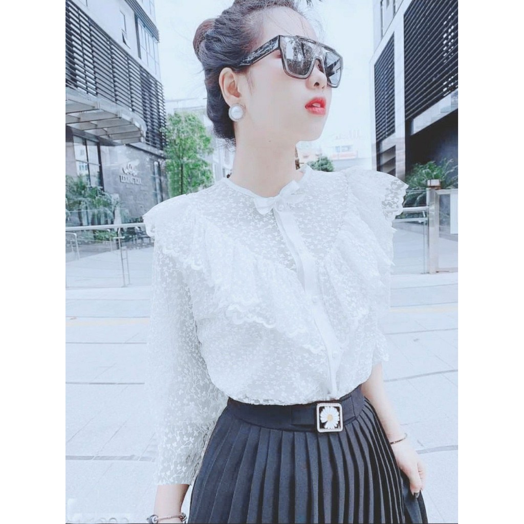 Áo sơ mi ren cổ bèo nơ tiểu thư phong cách hàn quốc
