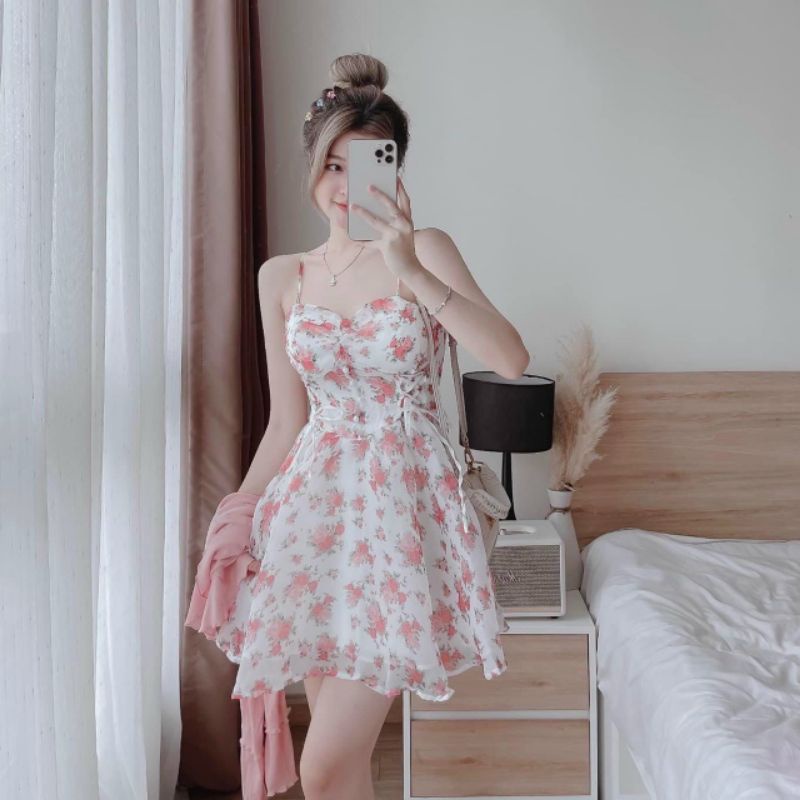Set đầm xoè 2 dây voan hoa kèm áo khoác tay dài hồng - T1005
