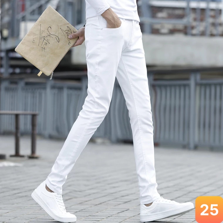 Quần jean nam màu trắng trơn không rách gối chất liệu bò jeans cao cấp co dãn 4 chiều đẹp form rin skinny LAVADO92