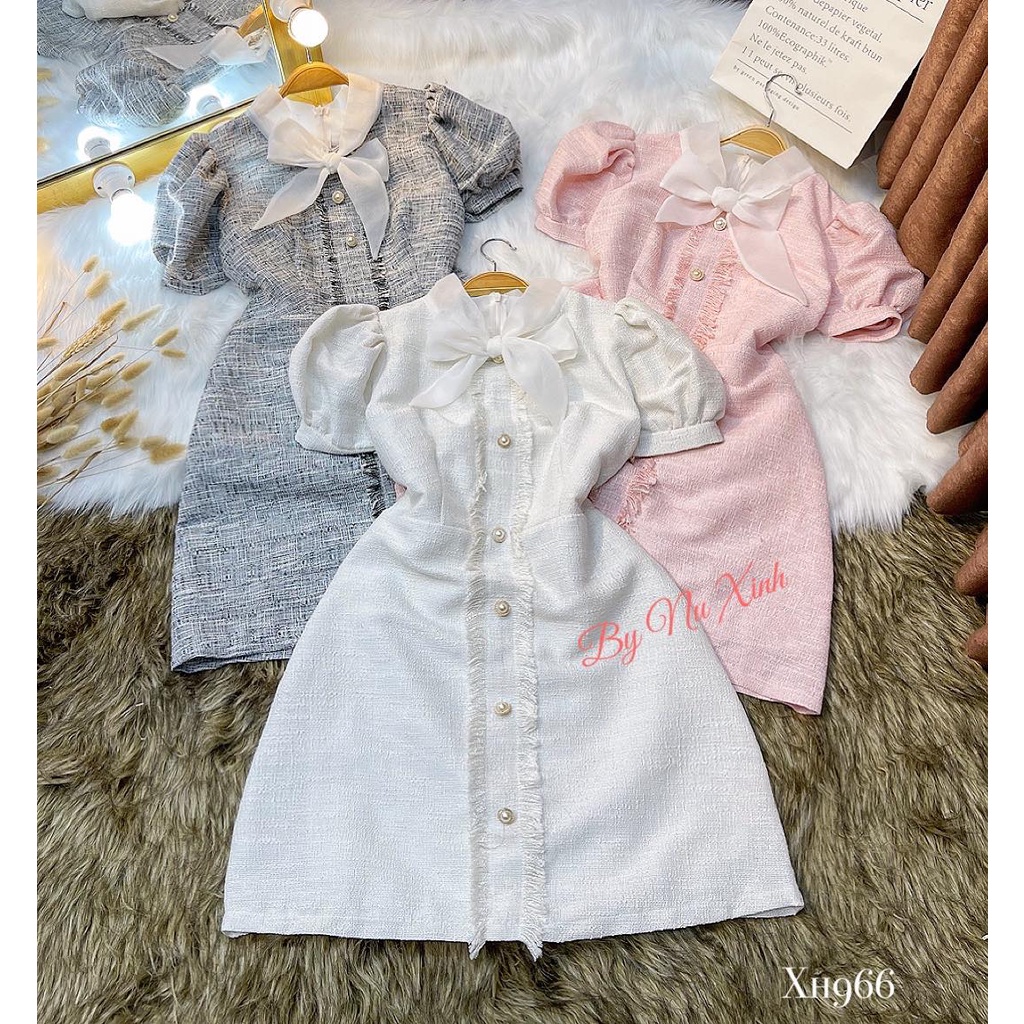 Đầm xòe tiểu thư dạ nữ cổ nơ dễ thương thiết kế