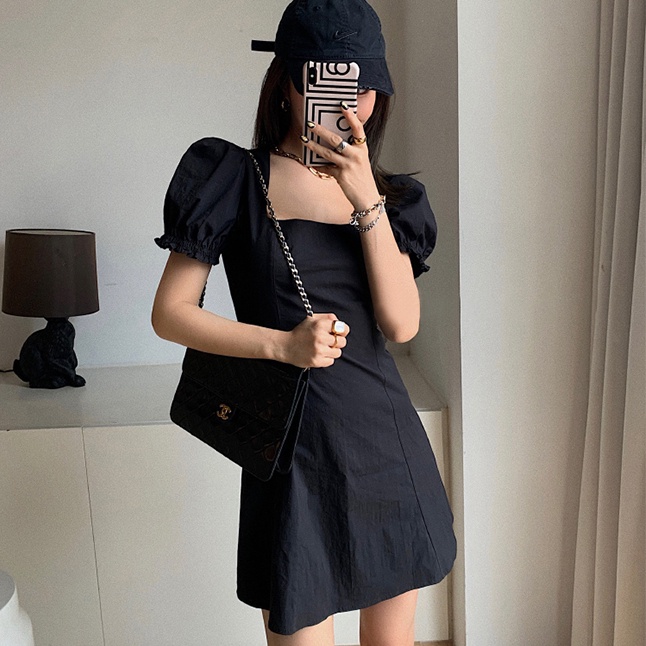 Đầm Cổ Vuông Màu Đen Trơn Phong Cách Hàn Quốc Thời Trang Mùa Hè Cho Nữ