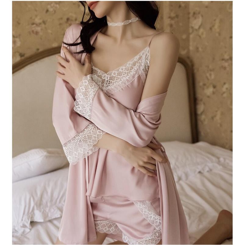 Set đồ ngủ lụa 4 món viền ren thêu hàng cao cấp