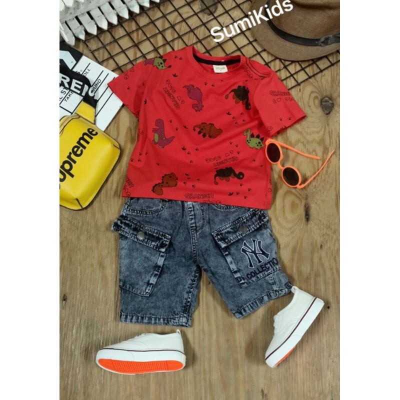 Set quần jean mềm NY áo khủng long bé trai