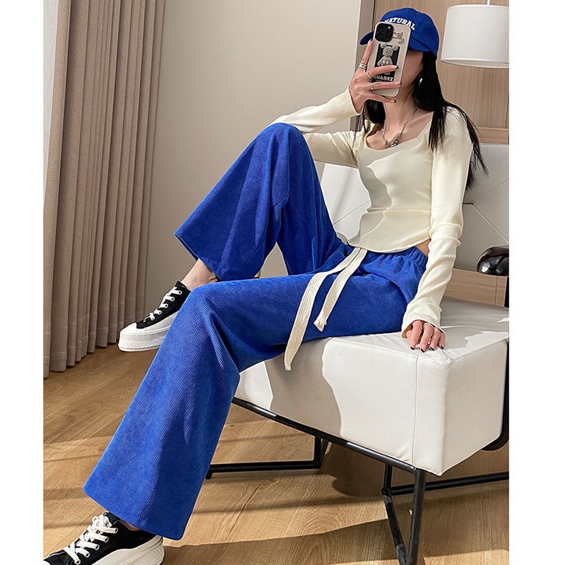 Quần Thể Thao Ống Rộng Lưng Cao / Quần Dây Rút Màu Xanh Dương Phong Cách Thể Thao Mùa Xuân Hè Mới Cho Nữ Giá Bán Sỉ