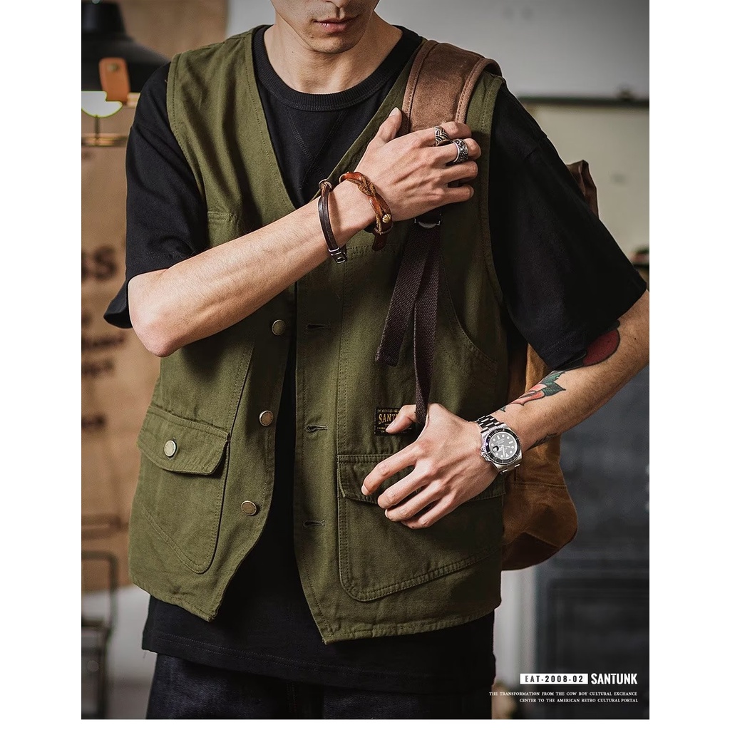 Áo Khoác Cotton Không Tay Phối Túi Cá Tính Theo Phong Cách Retro Nhật Bản Dành Cho Nam