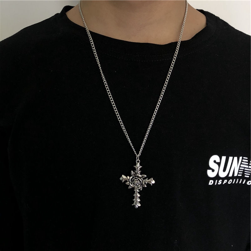 Dây Chuyền Thép Titan Mặt Hoa Hồng Và Thánh Giá Phong Cách Hip Hop 22375
