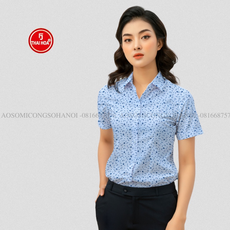 Áo sơ mi nữ chấm bi đen Sơ mi Thái Hòa xanh họa tiết cotton N201-03-02
