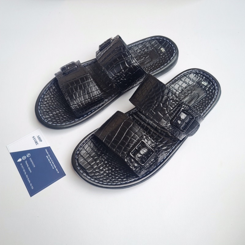 Dép Nam Quai Ngang Da Bò Dập Vân In Cá Sấu Cao Cấp