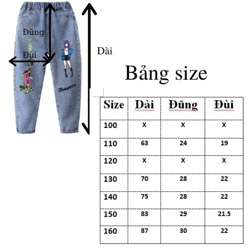 Quần bò bé gái Quần Jean size đại cho bé gái in hình cô gái
