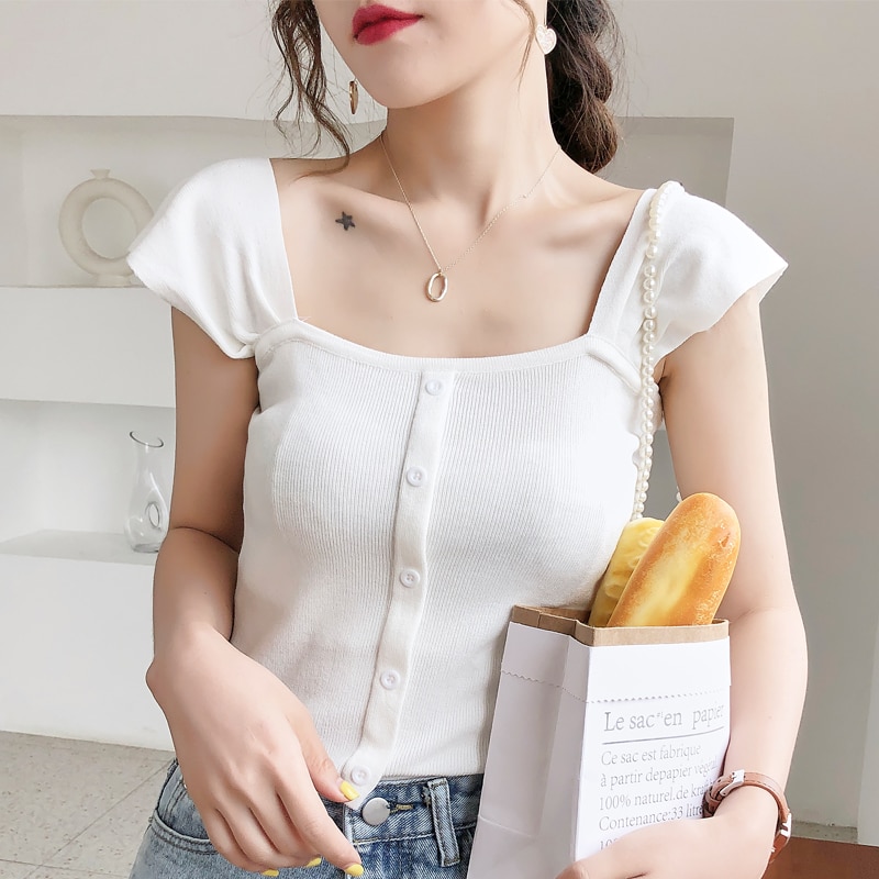 Áo dệt kim cài nút phong cách mùa hè cho nữ