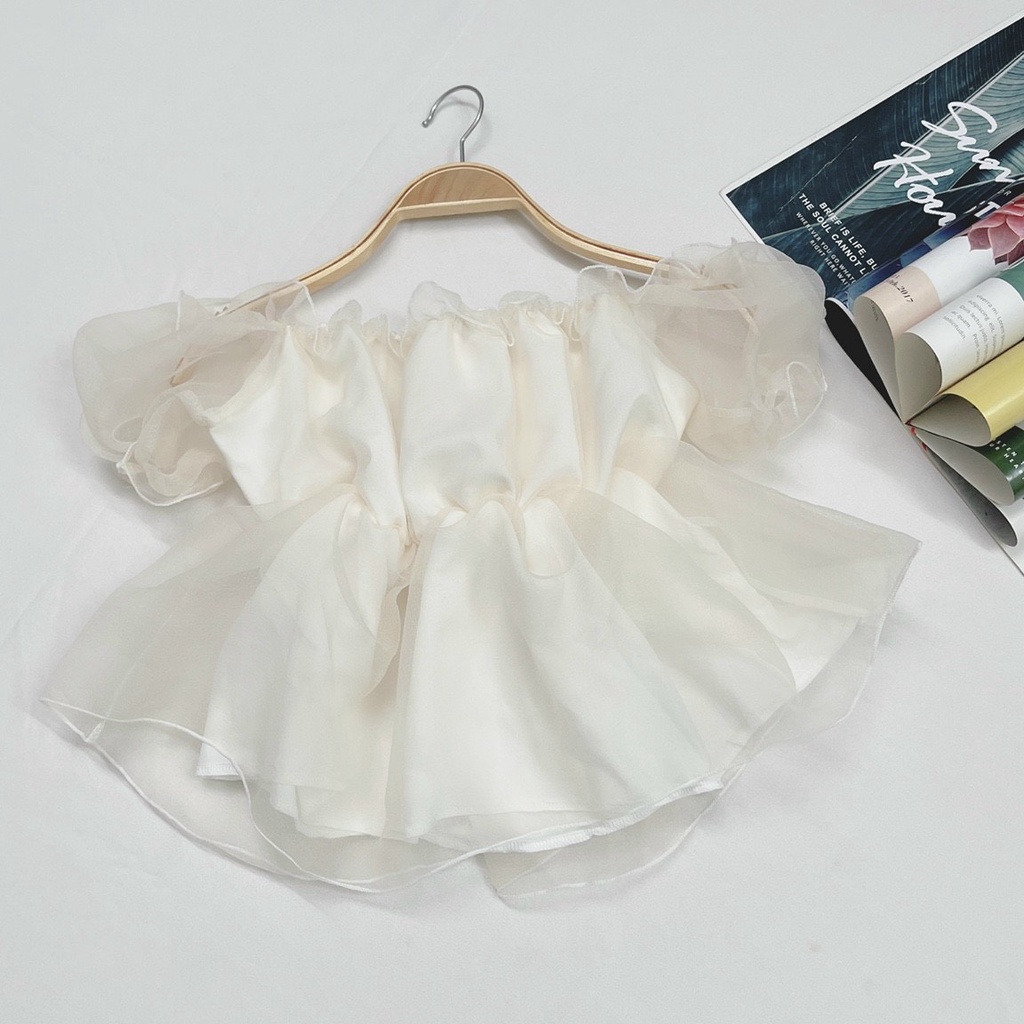 Áo peplum trễ vai tay ngắn vải voan xốp xếp ly nhún bồng bềnh TU cực dịu dàng nữ tính