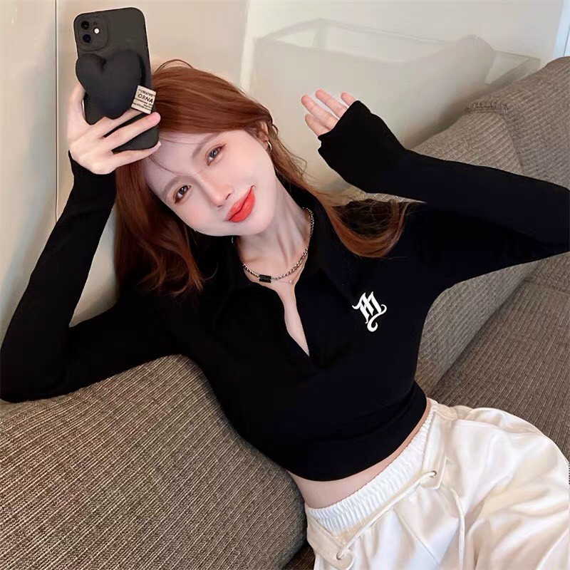 Áo croptop nữ có cổ thêu chữ kiểu tay dài cực đẹp cho cô nàng năng động ba