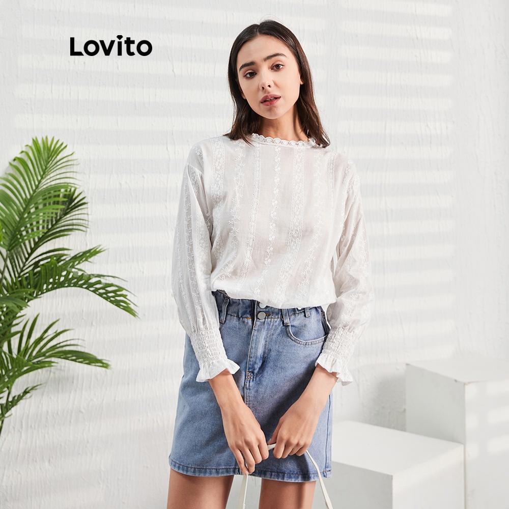 Áo kiểu Lovito bằng vải voan phối ren tương phản tay phồng đáng yêu L07156 (màu trắng) | BigBuy360 - bigbuy360.vn