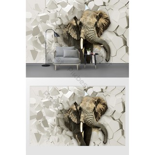 Tranh dán tường 3D Voi Con Xuyên Tường MS02