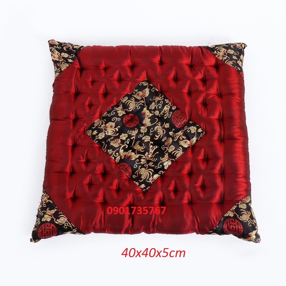 Đệm ngồi bệt, Nệm lót ghế gấm lụa đỏ đô 40x40x6 cm