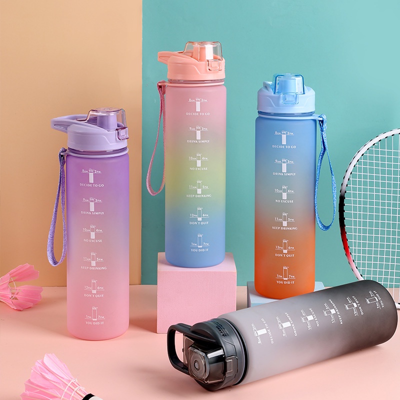 Bình Nước 1L Có Vạch Báo Nhắc Nhở Giờ Uống, Có Ống Hút Phối Màu 3D, Bình Nước Thể Thao Detox, Tập Gym